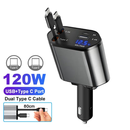 7AR 120W Fast Car Charger with Retractable Cables