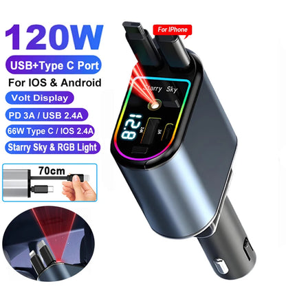 7AR 120W Fast Car Charger with Retractable Cables