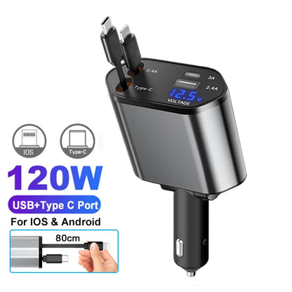 7AR 120W Fast Car Charger with Retractable Cables